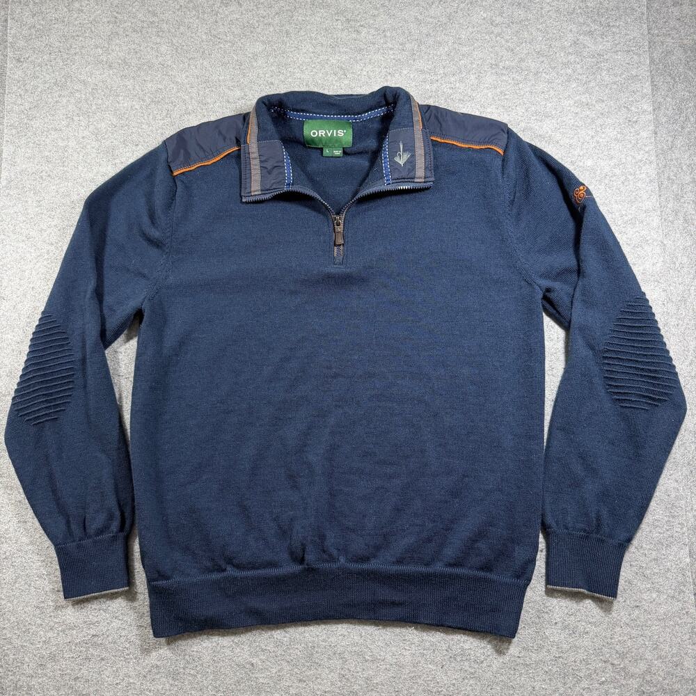 Orvis 100% Merino Wool Knit Sweater Mens L Navy 1/4 Zip Elbow Patch Preppy